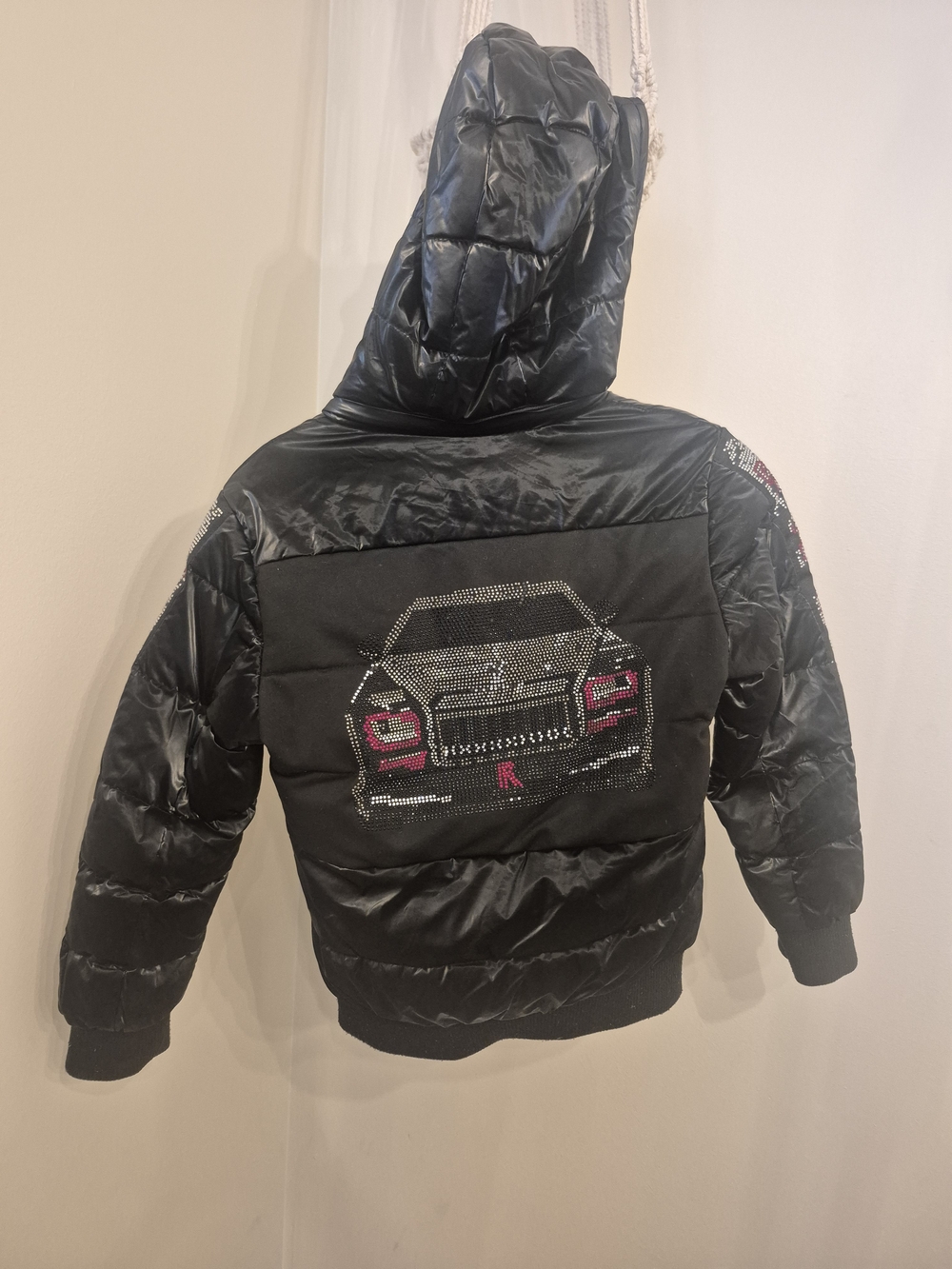Rars Kids Black Hooded Puffer Jacket with Rhinestone Car Motif